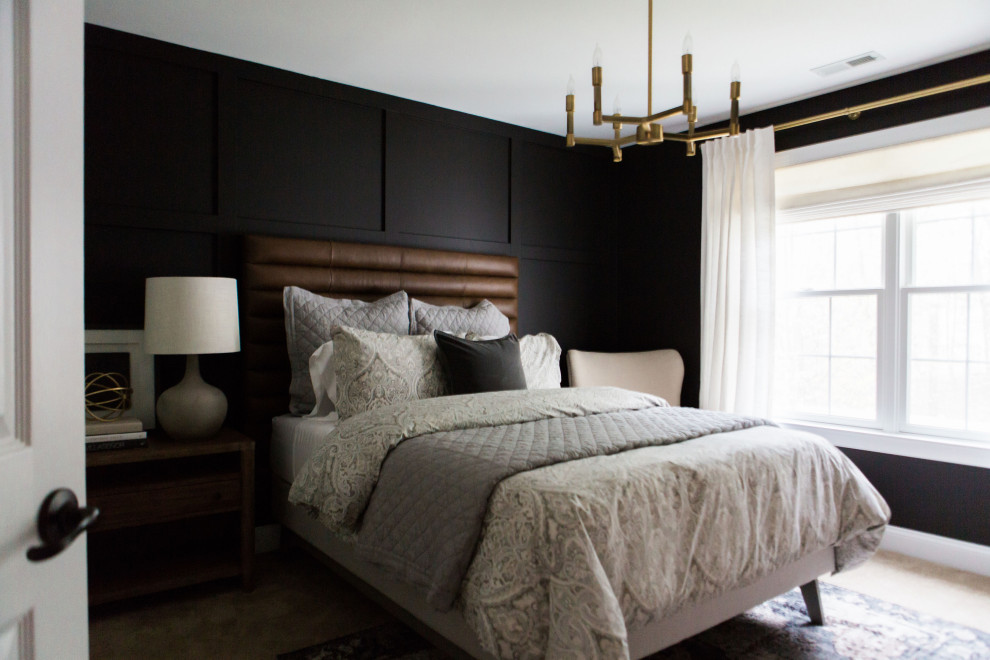 Mid-sized transitional guest bedroom in Philadelphia with black walls, carpet and beige floor.