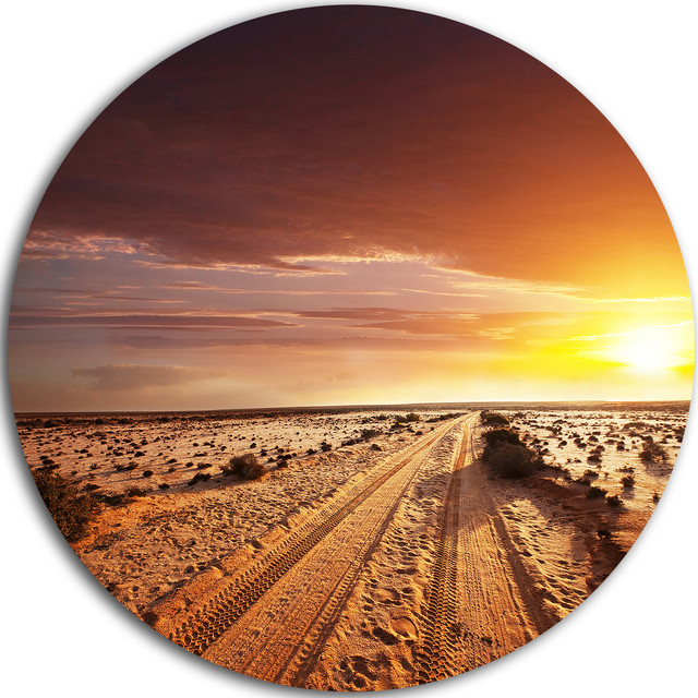 OffRoad In Desert At Sunset, Landscape Disc Metal Wall Art Southwestern Metal Wall Art by