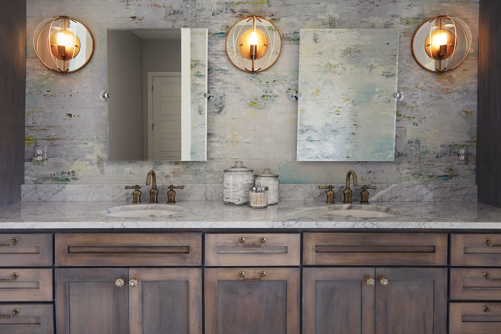 Bathroom - huge rustic master white tile and subway tile white floor bathroom idea with medium tone wood cabinets, gray walls, an integrated sink and white countertops