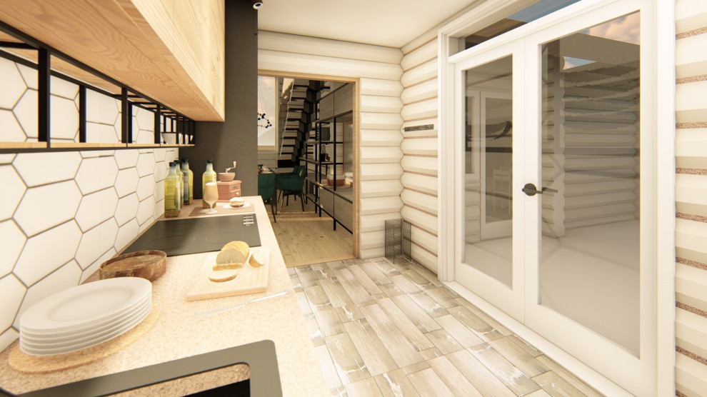 Интерьер двухэтажного коттеджа из оцилиндрованного бревна