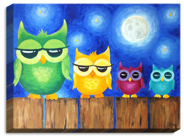 "Owls on a Fence Blue" Canvas by nJoy Art, 49"x33", Black Frame