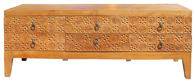 Light Wood Stain Geometric Relief Carving Low Dresser Drawers