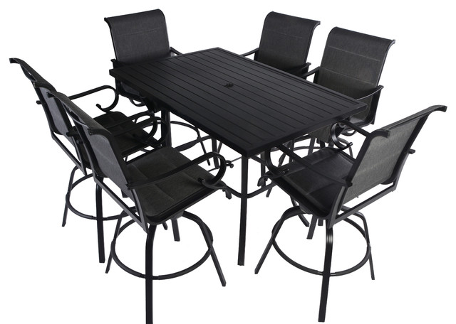 7pc Aluminum Padded Sling Swivel Bar Patio Dining Set Black Grey Padded Sling Swivel Bar Patio Dining