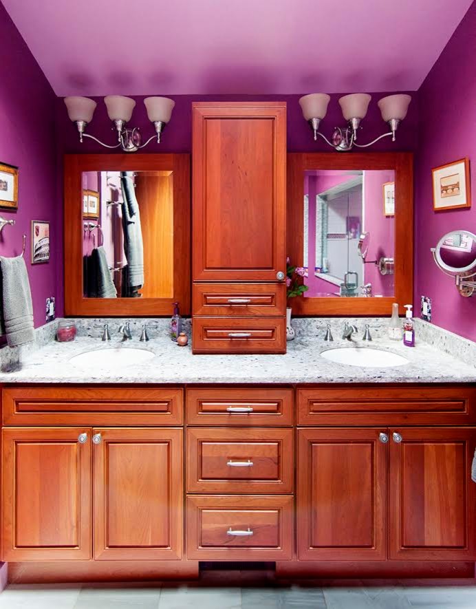 Alcove shower - mid-sized transitional 3/4 ceramic tile and gray floor alcove shower idea in Boston with beaded inset cabinets, medium tone wood cabinets, purple walls, an undermount sink and granite countertops
