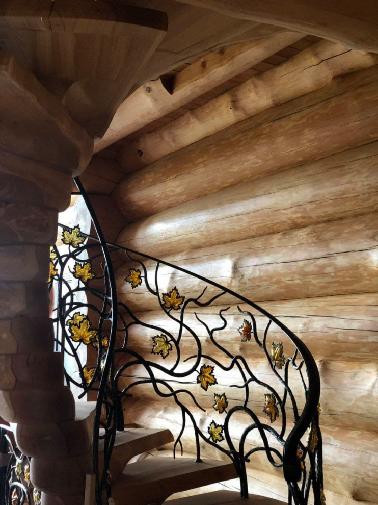 Идея дизайна: винтовая лестница среднего размера в стиле фьюжн с деревянными ступенями, деревянными перилами и деревянными стенами