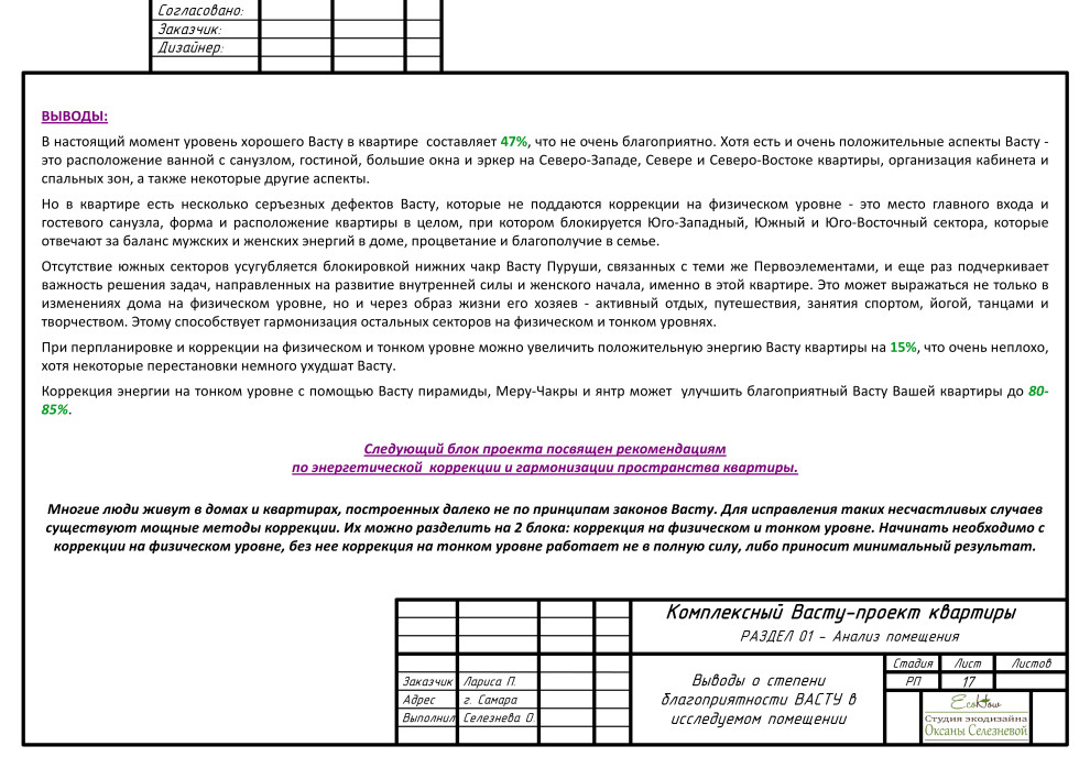 Комплексный Васту-проект квартиры в г.Самара