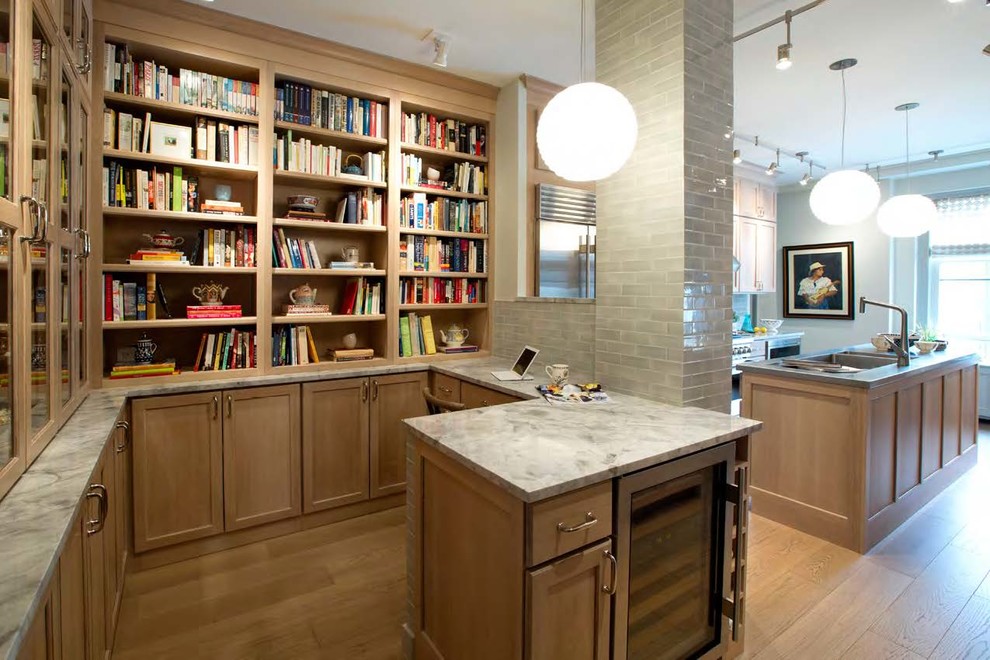 Mid-sized transitional galley kitchen pantry in New York with an integrated sink, shaker cabinets, light wood cabinets, quartzite benchtops, grey splashback, ceramic splashback, stainless steel appliances, light hardwood floors, with island and yellow floor.