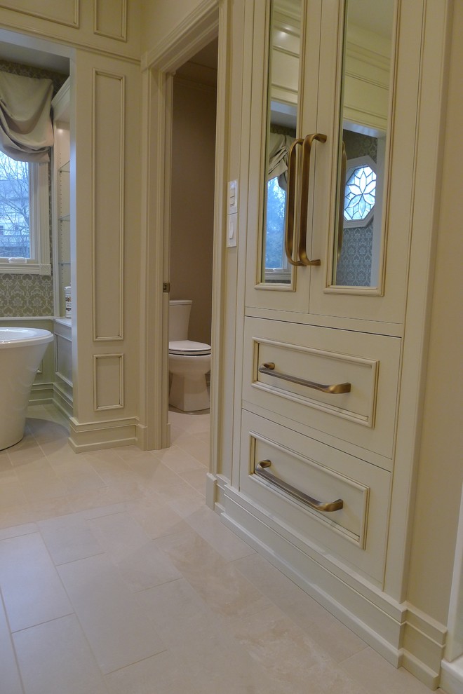 Inspiration for a transitional beige tile and porcelain tile bathroom remodel in Indianapolis with furniture-like cabinets, beige cabinets and a one-piece toilet