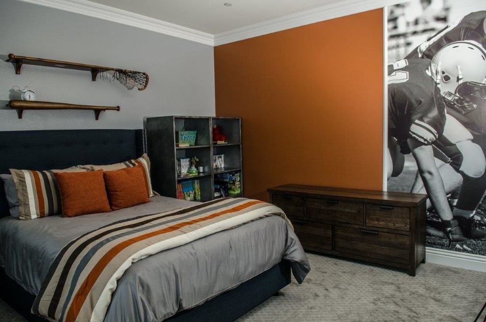 Inspiration för ett mellanstort vintage barnrum kombinerat med sovrum, med flerfärgade väggar, heltäckningsmatta och grått golv
