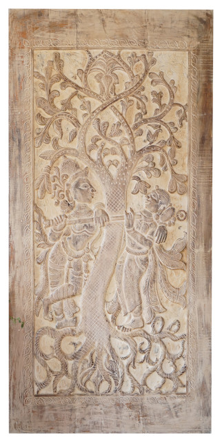 Consigned Vintage Indian Wall Panel, Radha Krishna Whitewashed Sliding Door