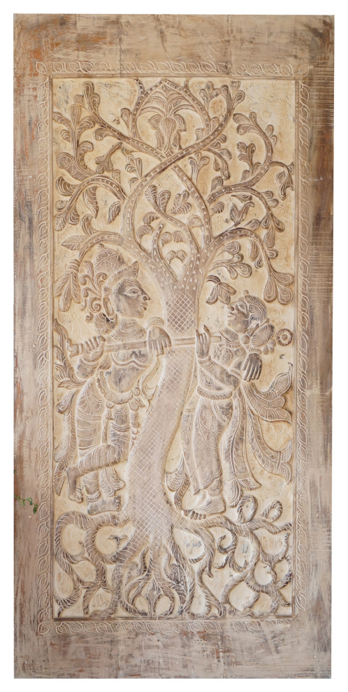 Consigned Vintage Indian Wall Panel, Radha Krishna Whitewashed Sliding Door