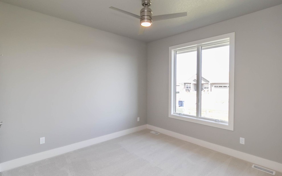 Mid-sized transitional guest carpeted home design photo with gray walls and no fireplace
