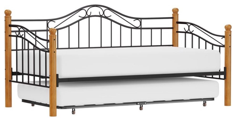 Bowery Hill Metal Daybed With Suspension Deck and Trundle in Black and