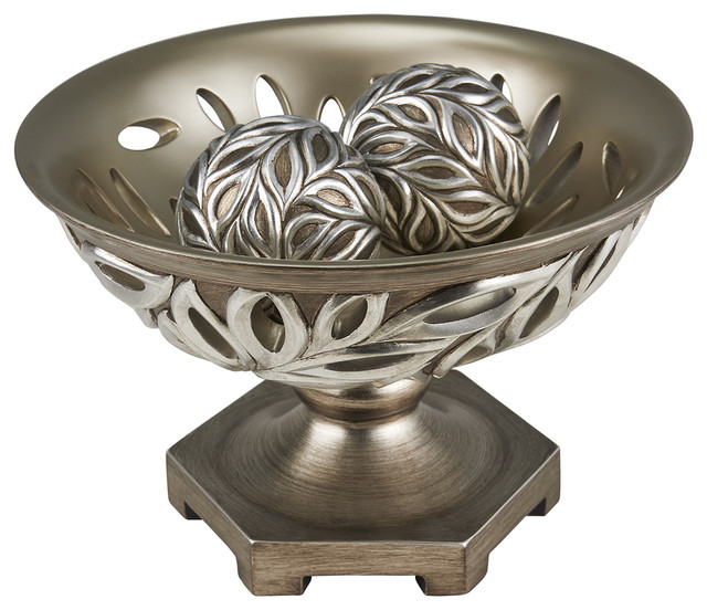 12.75" Long Polyresin Decorative Bowl "Kiara", Silver Peacock Feathers