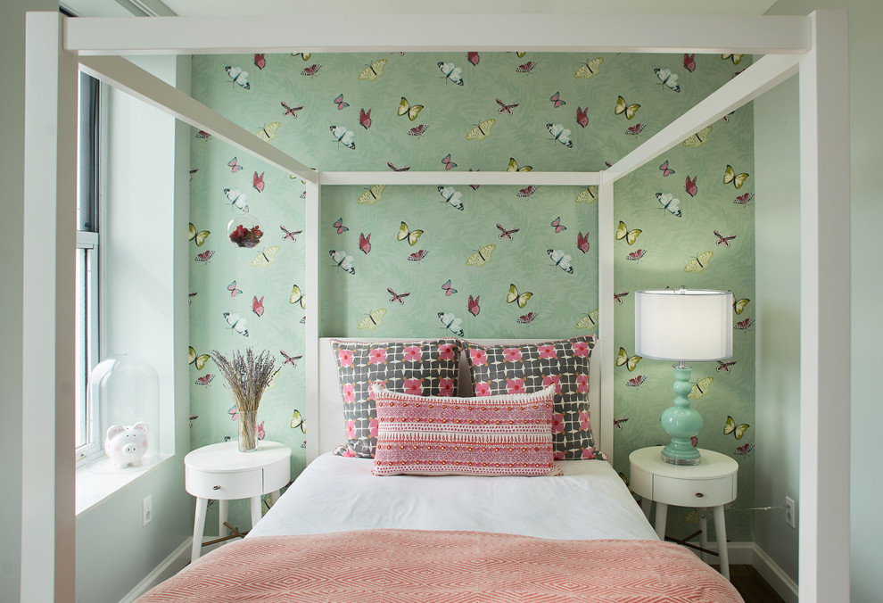 Contemporary kids' room in New York with green walls.