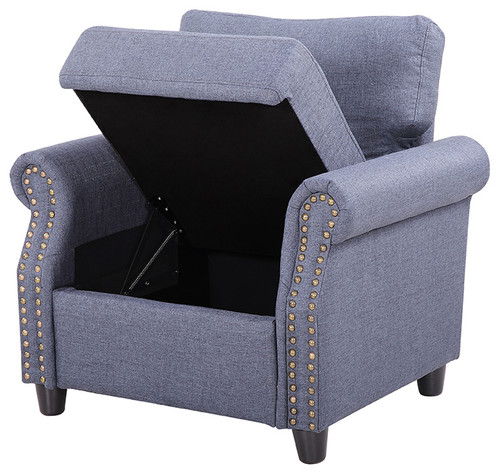 Classic Living Room Linen Armchair with Nailhead Trim and Storage Space, Blue