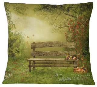 16 in x 16 in Designart CU14231-16-16 Wooden Bench in Village Orchard Landscape Printed Cushion Cover for Living Room Sofa Throw Pillow 