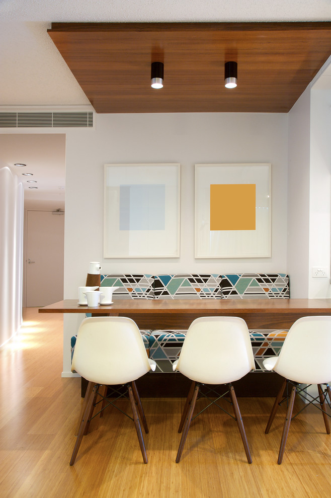 Photo of a contemporary open plan dining in Brisbane with white walls and light hardwood floors.