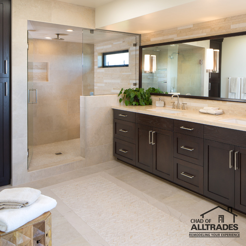 Expansive contemporary master bathroom in San Diego with flat-panel cabinets, dark wood cabinets, an alcove shower, beige tile, matchstick tile, beige walls, marble floors, an undermount sink, marble benchtops, beige floor and a hinged shower door.
