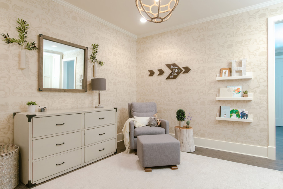 Inspiration for a coastal gender-neutral dark wood floor and brown floor nursery remodel in Los Angeles with beige walls