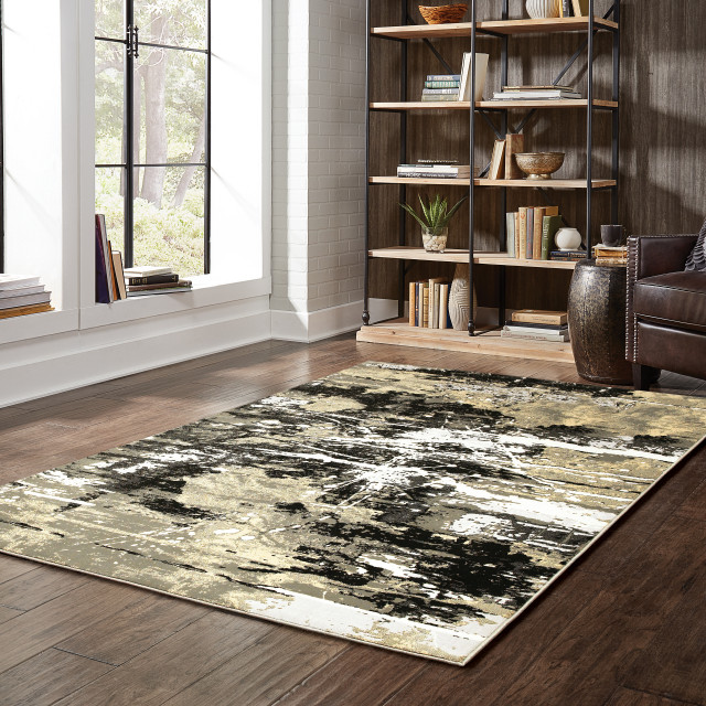 Brooks Hi Low Textured Abstract Black, Black And Gold Living Room Rug