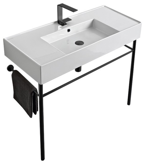 Ceramic Console Sink and Matte Black Stand Contemporary Bathroom Vanities And Sink Consoles