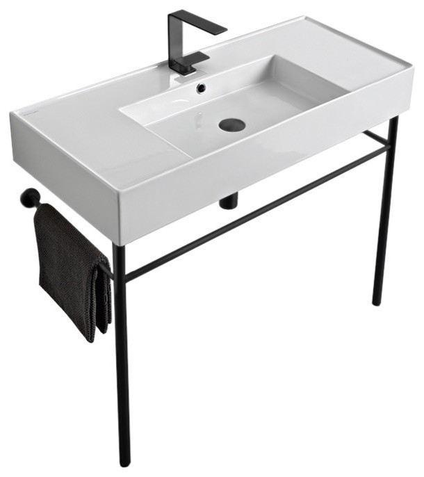 Ceramic Console Sink and Matte Black Stand Contemporary Bathroom