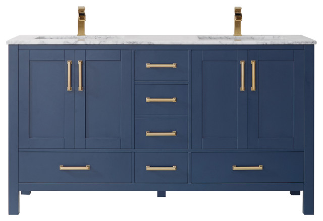 Shannon Vanity, Royal Blue, Carrara White Marble Top, 60", Double, Without Mirro