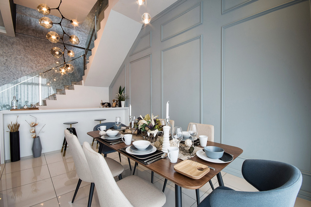 Photo of a mid-sized contemporary open plan dining in Other with blue walls, porcelain floors and no fireplace.