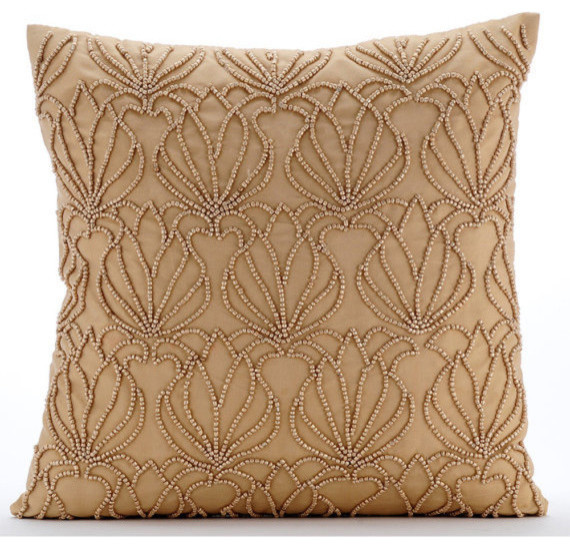 Beaded Lotus Pattern 14"x14" Taffeta Gold Decorative Pillows Cover, Gold Jardin