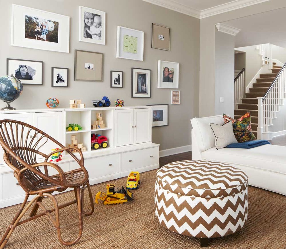 Photo of a contemporary kids' playroom in San Diego with grey walls and dark hardwood floors.