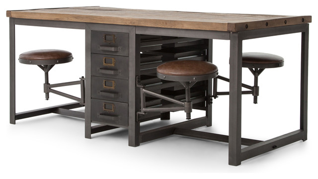 Wilkes Loft Reclaimed Pine Iron 4 Swivel Stools Desk Wilkes Loft Reclaimed Pine Iron 4 Swivel Stools Desk Dining Table