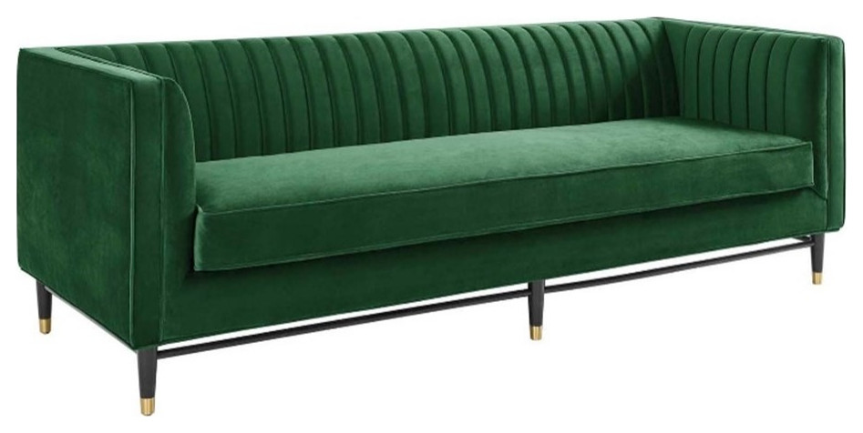 Pemberly Row Channel Tufted Performance Velvet Sofa in Emerald Green
