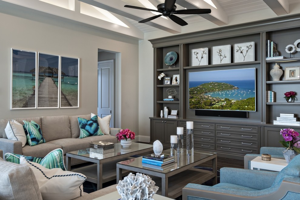Inspiration for a beach style enclosed family room in Miami with grey walls, dark hardwood floors, a built-in media wall and brown floor.