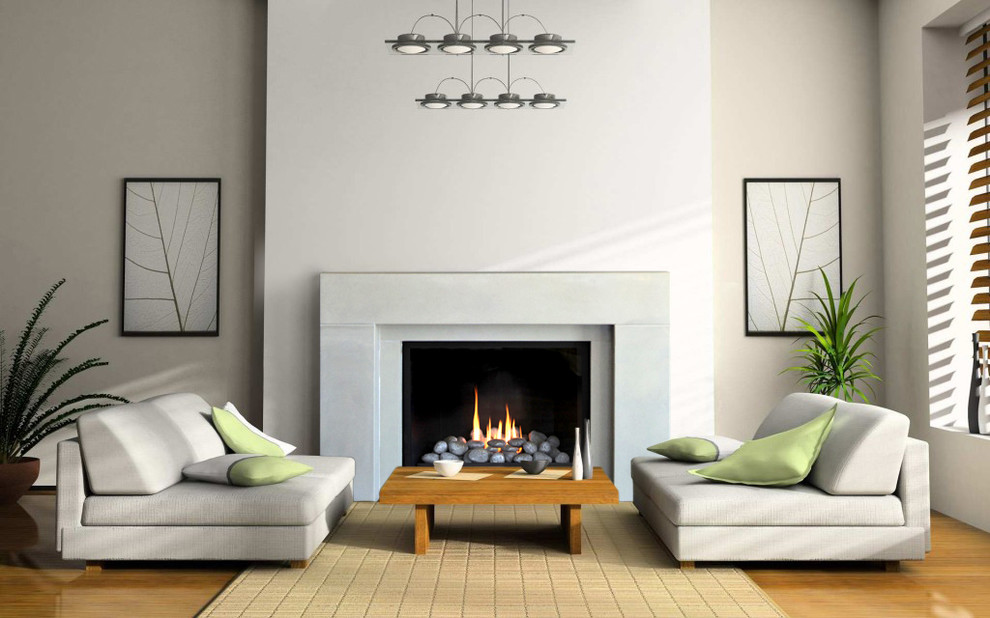 Design ideas for a mid-sized modern open concept living room with a library, a ribbon fireplace and a wall-mounted tv.