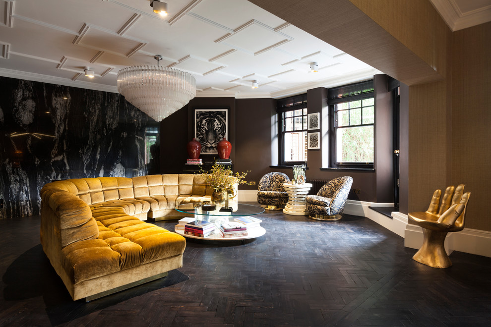 Photo of a large contemporary formal open concept living room in London with brown walls and dark hardwood floors.