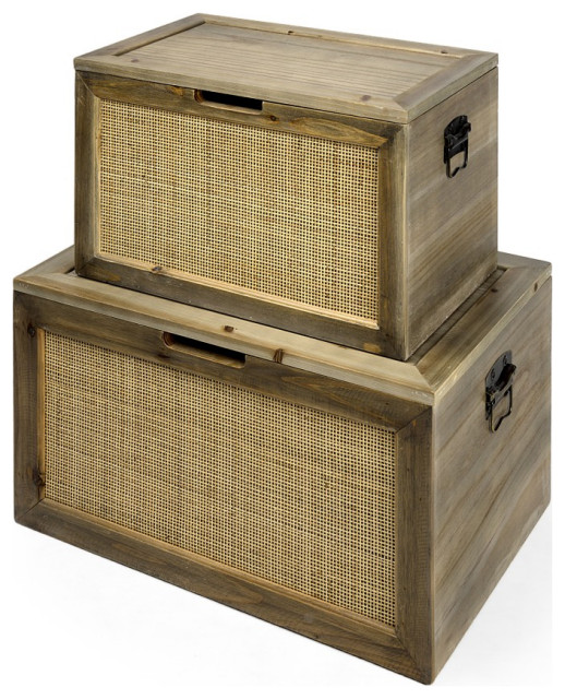 Set of Two Wood and Cane Storage Boxes Tropical Decorative Boxes