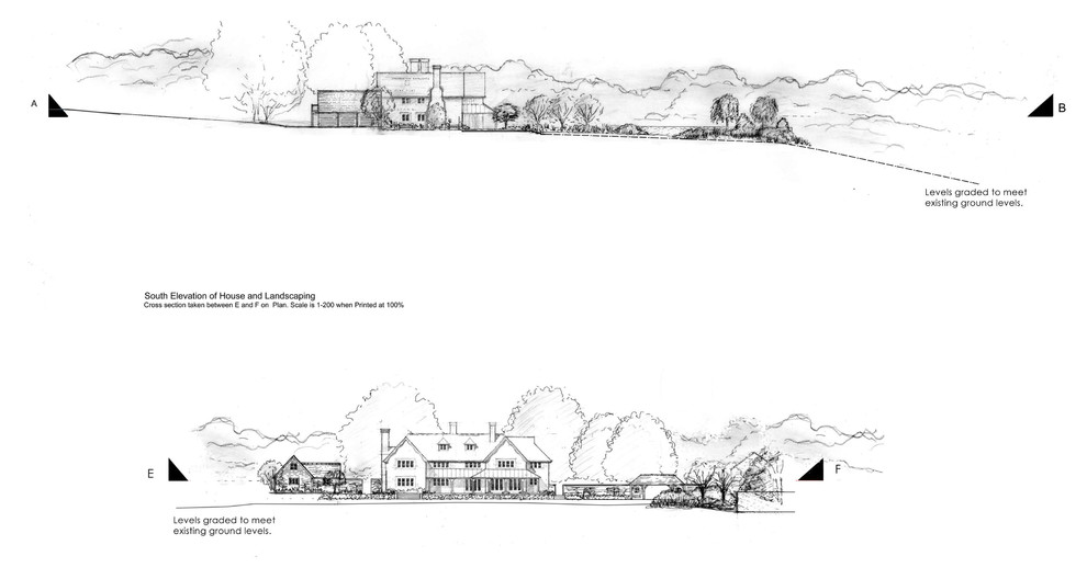 Elevations of house and landscaping