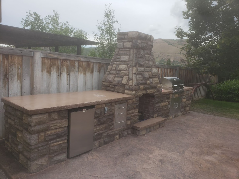 Back Yard Kitchen and Fireplace & Wood Deck
