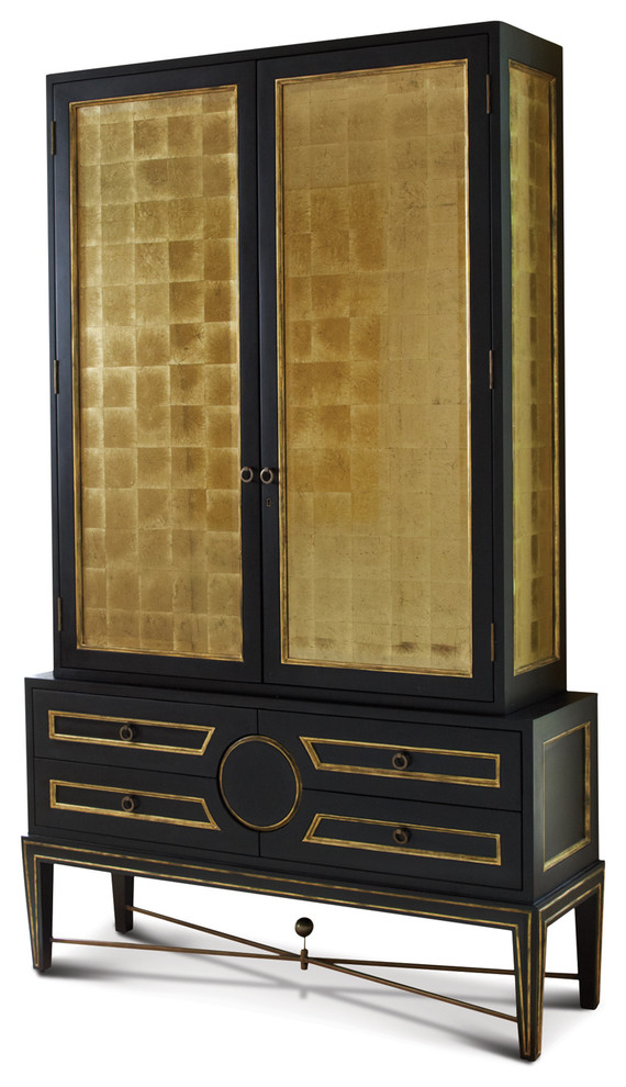 Rutherford Hollywood Regency Black Gold Leaf Eglomise Collectors Cabinet