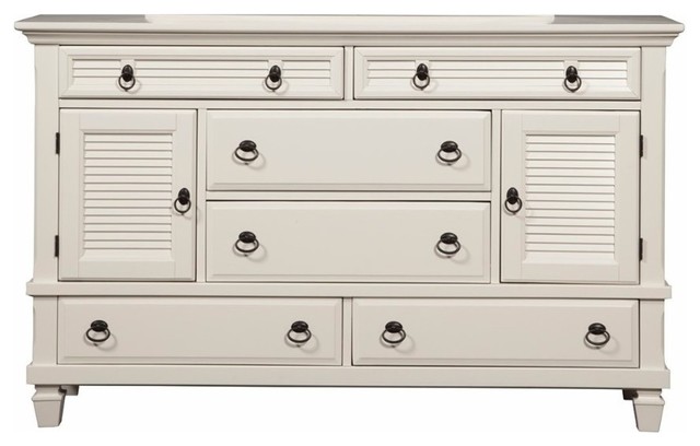 Pine Wood Dresser With 2 Cabinet 6 Drawer In White Beach Style