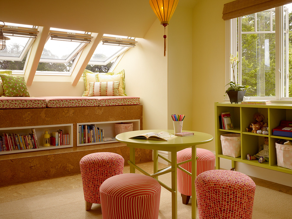 Eclectic kids' room in San Francisco with yellow walls for girls.