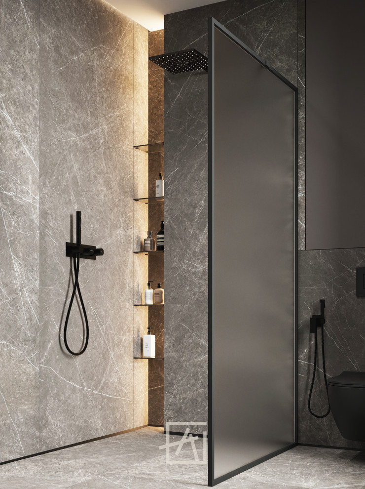 Минималистичный дизайн ванной комнаты в имитации камня