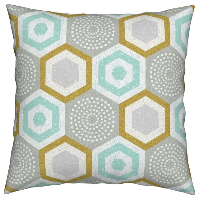 HexagonsMustard And Mint Gray Geometric Throw Pillow, Cover Only