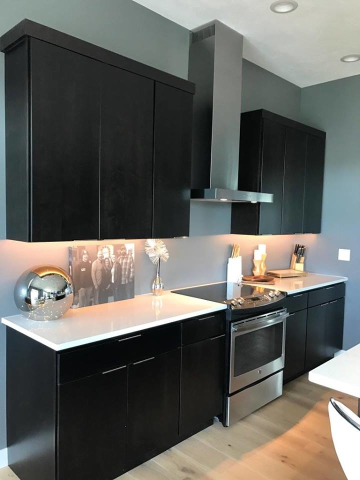 Inspiration for a small contemporary kitchen remodel with an undermount sink, flat-panel cabinets, dark wood cabinets, stainless steel appliances and an island