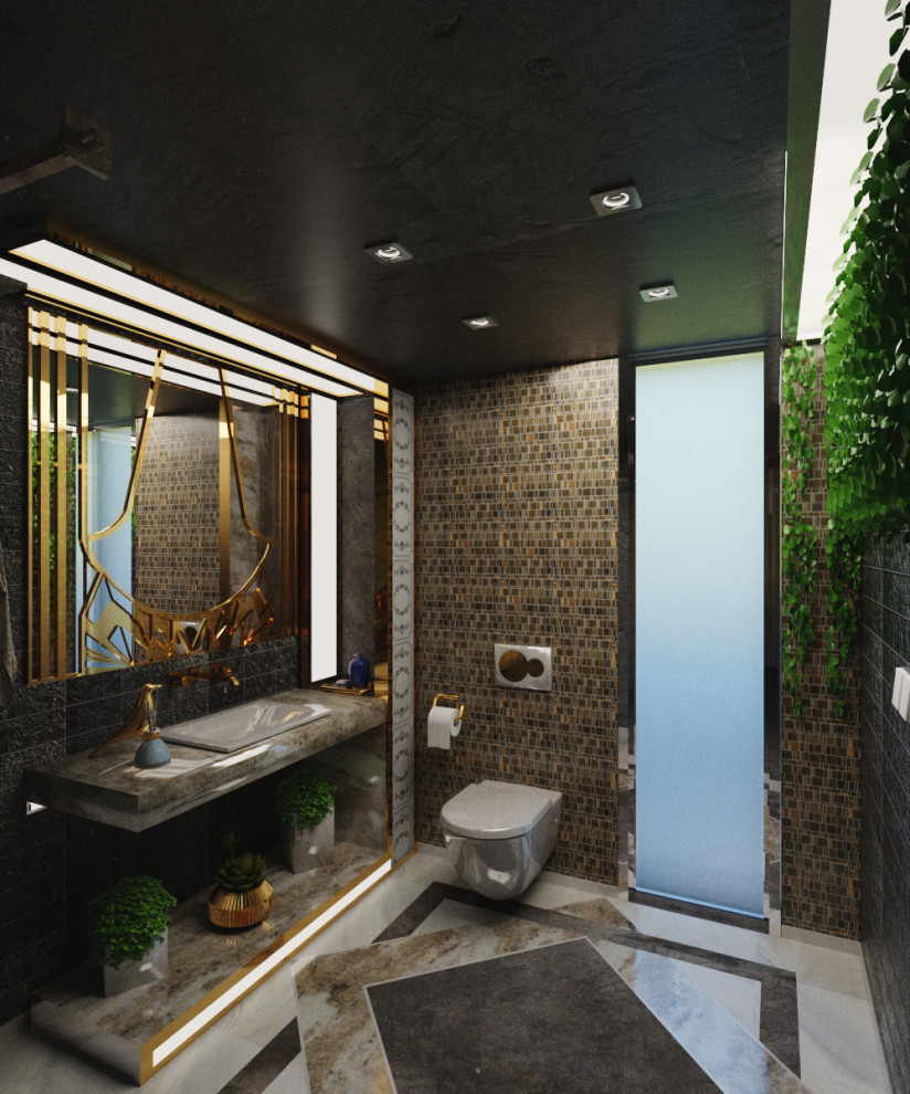 Идея дизайна: серо-белая ванная комната среднего размера в современном стиле с открытыми фасадами, белыми фасадами, душем в нише, инсталляцией, черной плиткой, удлиненной плиткой, черными стенами, мраморным полом, душевой кабиной, подвесной раковиной, мраморной столешницей, разноцветным полом, душем с раздвижными дверями, бежевой столешницей, зеркалом с подсветкой, тумбой под одну раковину, подвесной тумбой, кессонным потолком и панелями на части стены