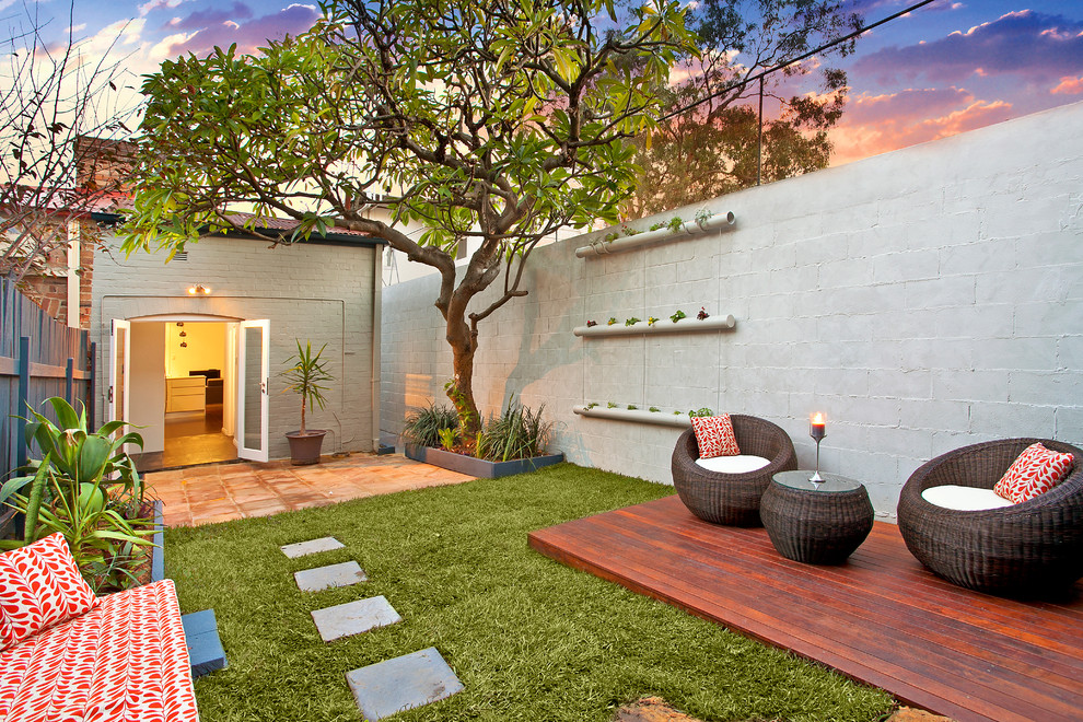 Contemporary backyard deck in Sydney with no cover and a vertical garden.