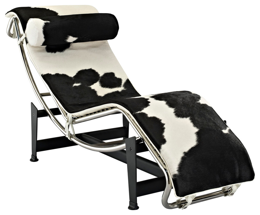 Le Corbusier Style LC4 Chaise, White/Black Pony Hide