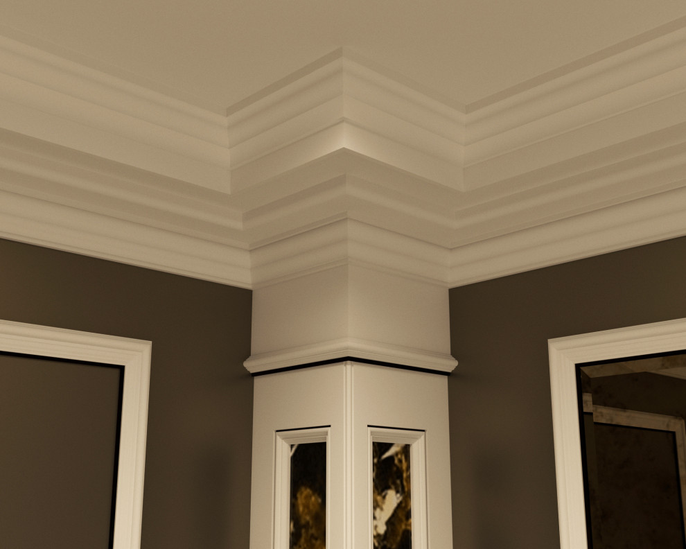 Photo of a hallway in Other with marble floors, white floor, coffered and panelled walls.