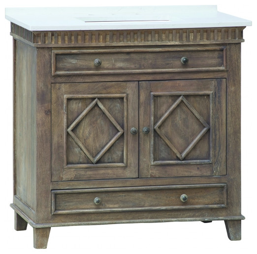 36 Inch Rustic Mango Wood Bathroom Vanity, Single Sink, Choice Top